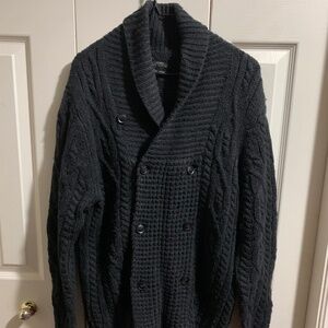 All Saints man's double-breasted black knit sweater